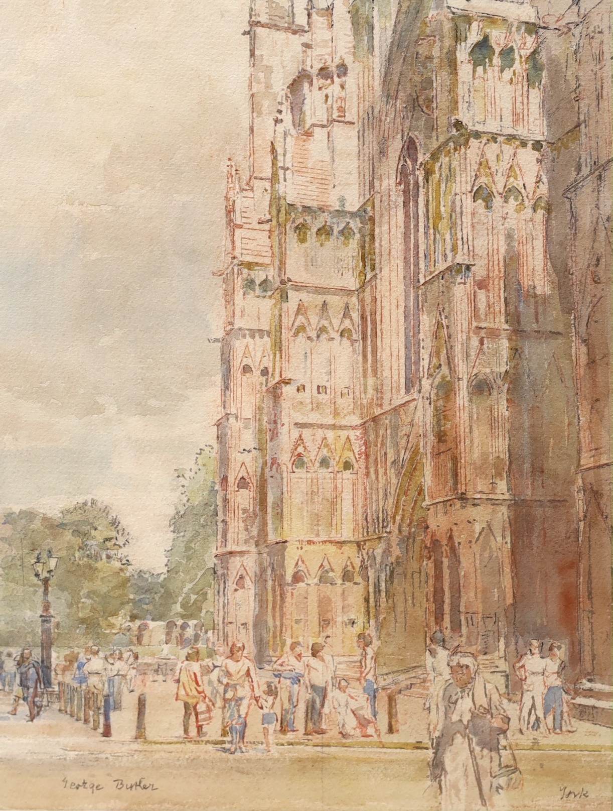 George Butler (1904-1999), watercolour, 'York', figures outside Yorkminster Cathedral, signed, 37 x 28cm, unframed